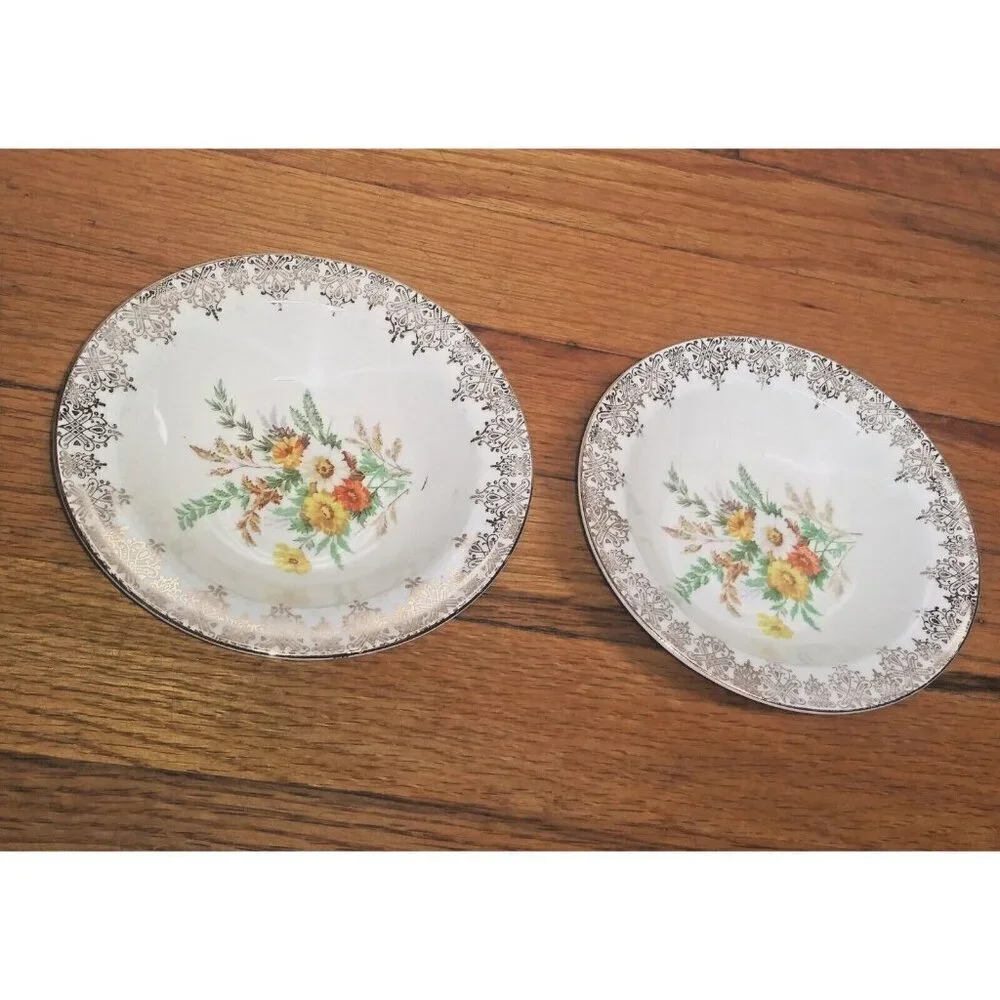 2 Vintage Edwin Knowles Floral Fruit Dessert Bowls beige orange Brown gold 1930s